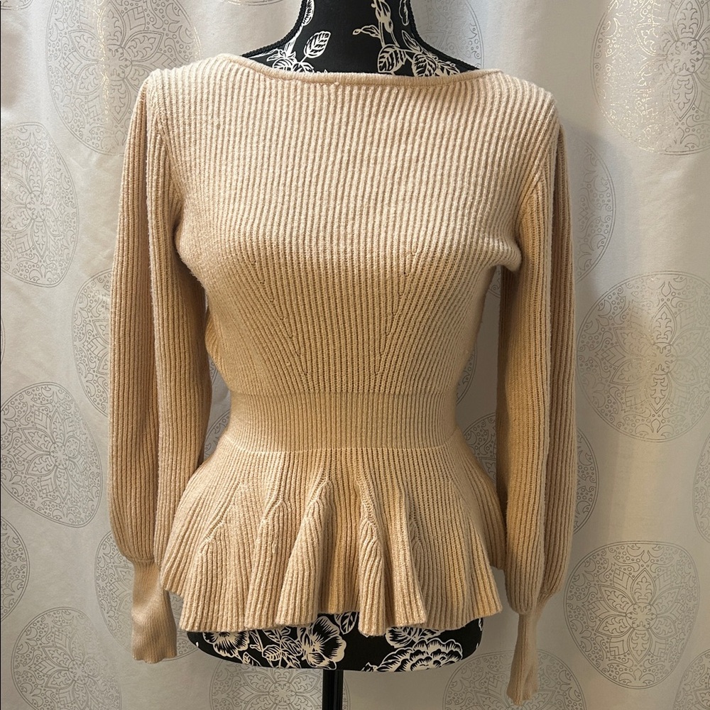 Beige Cream Ribbed Peplum Sweater Women’s Medium